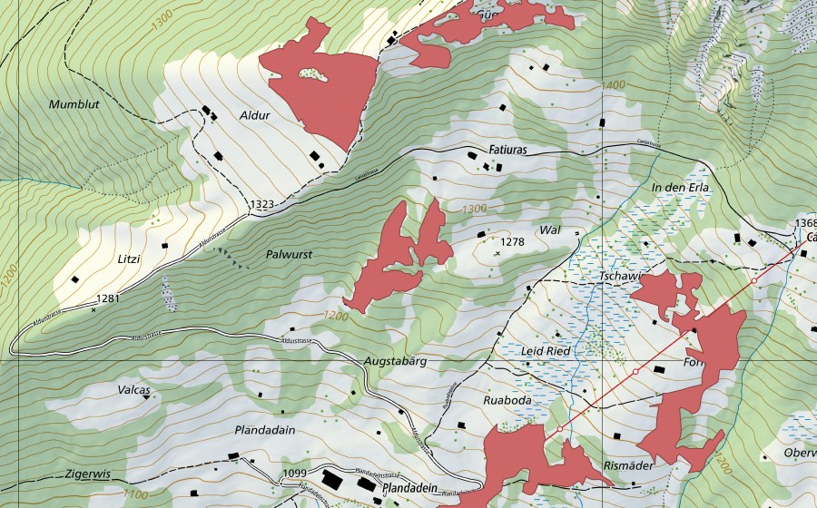 Landeskarte swisstopo mit dem Schutzperimeter von Wal (Trockenwiese)