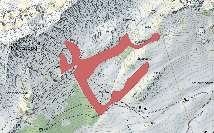 Carte nationale swisstopo avec le périmètre protégé de Walau (Prairie sèche)