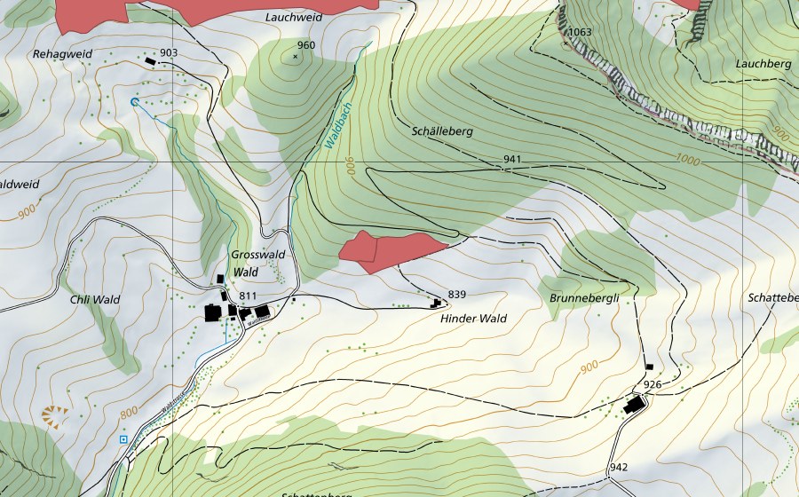 Landeskarte swisstopo mit dem Schutzperimeter von Wald (Trockenwiese)