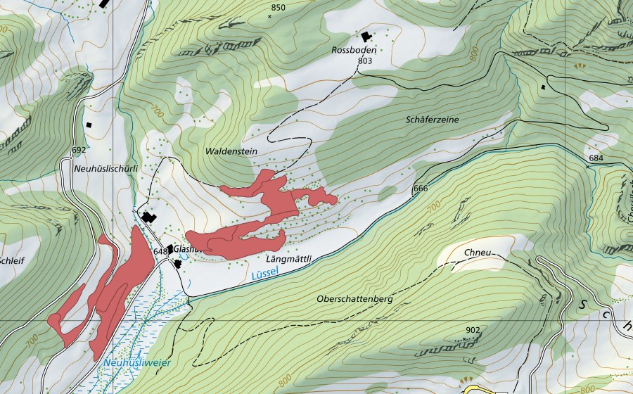 Carte nationale swisstopo avec le périmètre protégé de Waldenstein (Prairie sèche)