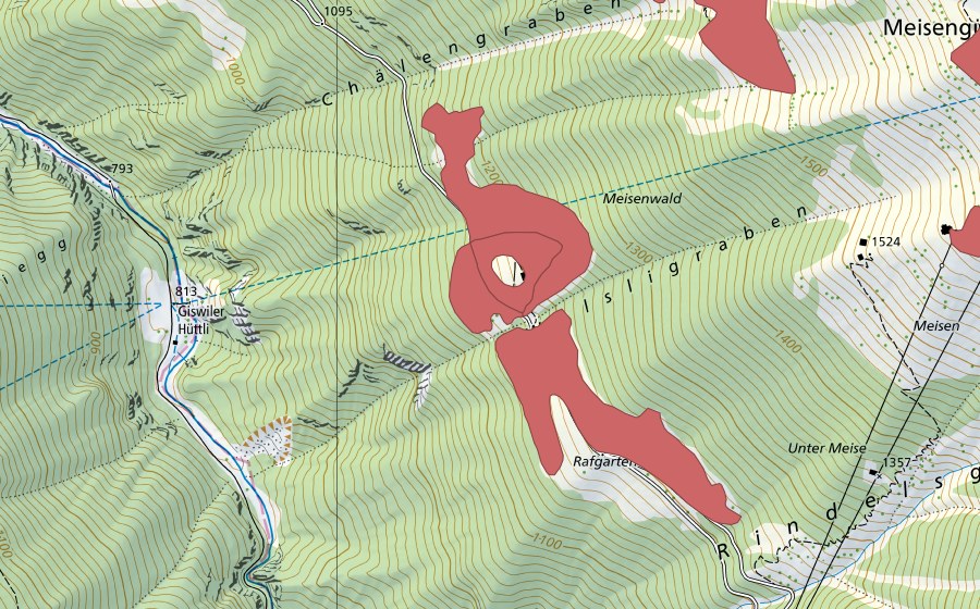 Carte nationale swisstopo avec le périmètre protégé de Walsli (Prairie sèche)