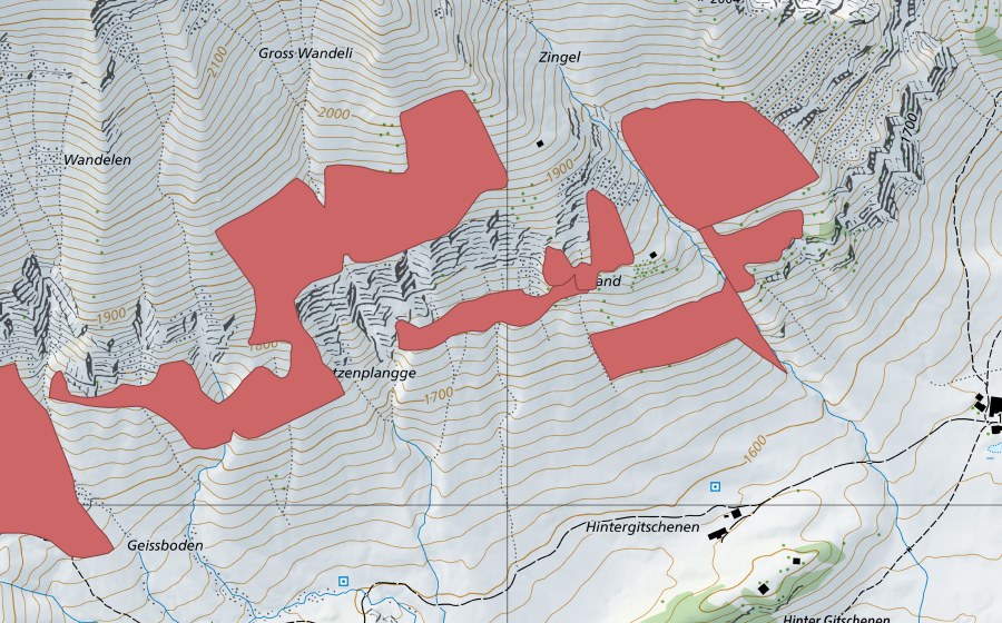 Carte nationale swisstopo avec le périmètre protégé de Wandelen (Prairie sèche)