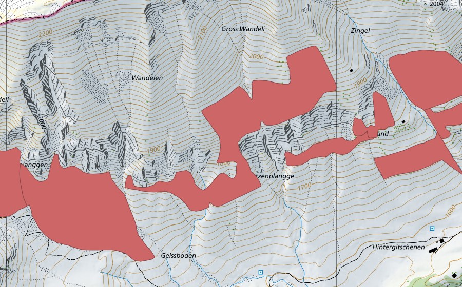 Carte nationale swisstopo avec le périmètre protégé de Wandelen (Prairie sèche)