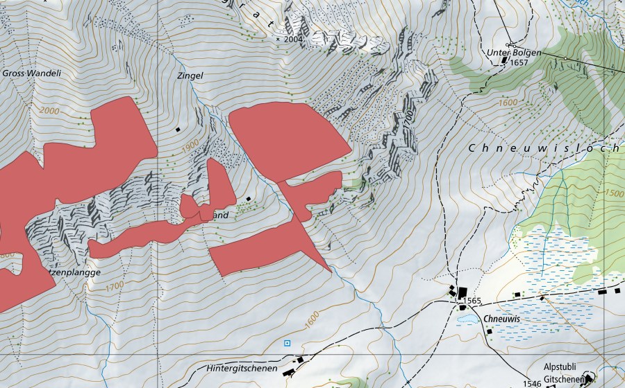 Landeskarte swisstopo mit dem Schutzperimeter von Wandelen (Trockenwiese)