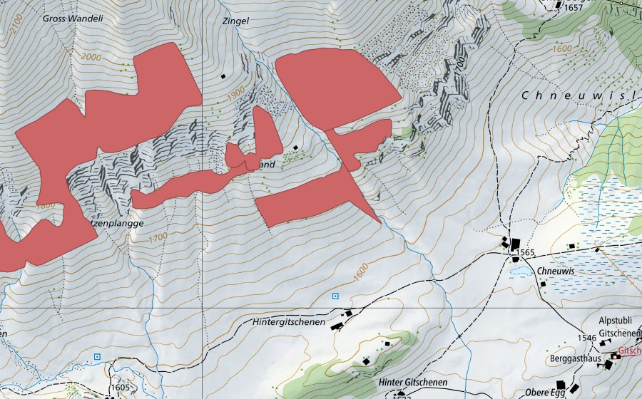 Landeskarte swisstopo mit dem Schutzperimeter von Wandelen (Trockenwiese)