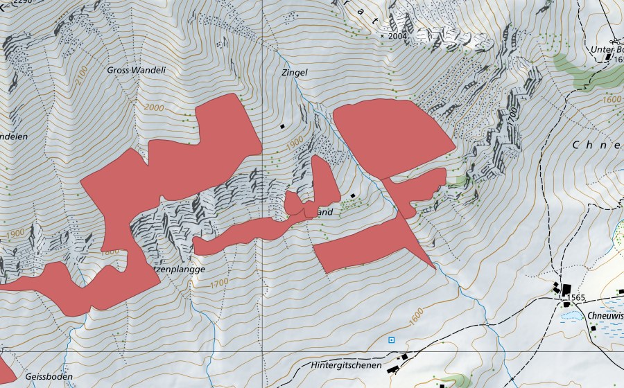 Carte nationale swisstopo avec le périmètre protégé de Wandelen (Prairie sèche)