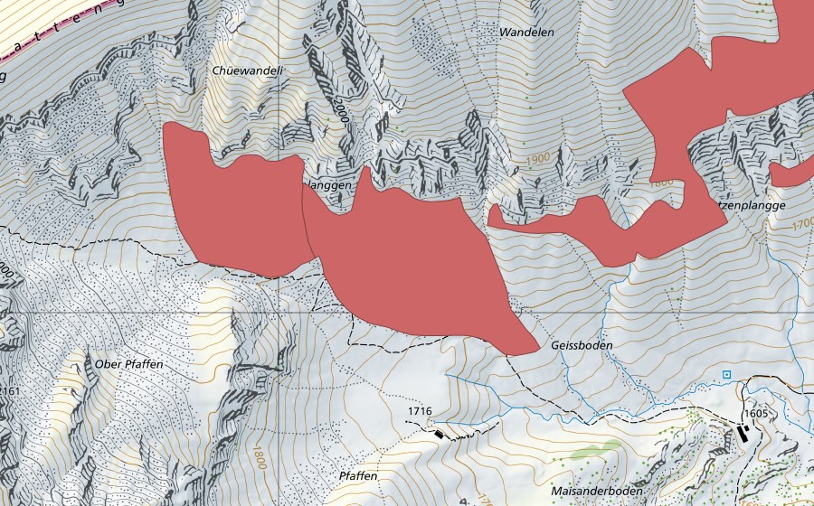 swisstopo national map showing the protected perimeter of Wandelen (Dry meadow)