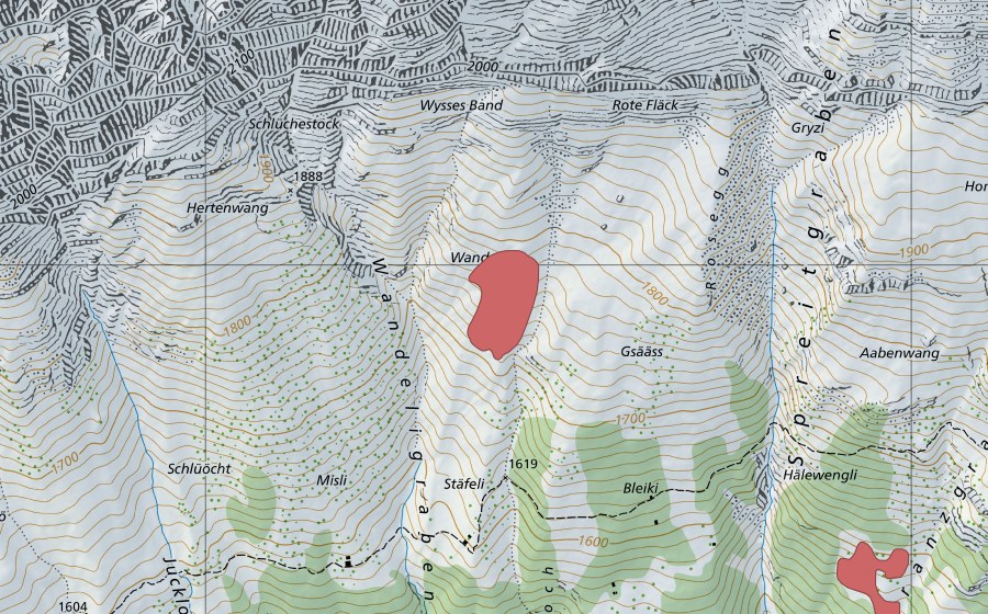 Carte nationale swisstopo avec le périmètre protégé de Wandeli (Prairie sèche)