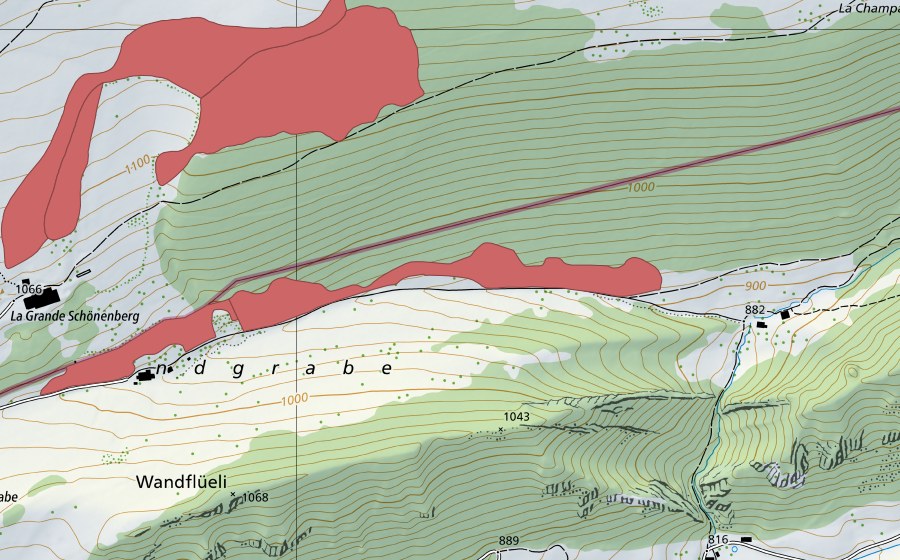 Landeskarte swisstopo mit dem Schutzperimeter von Wandgrabe (Trockenwiese)