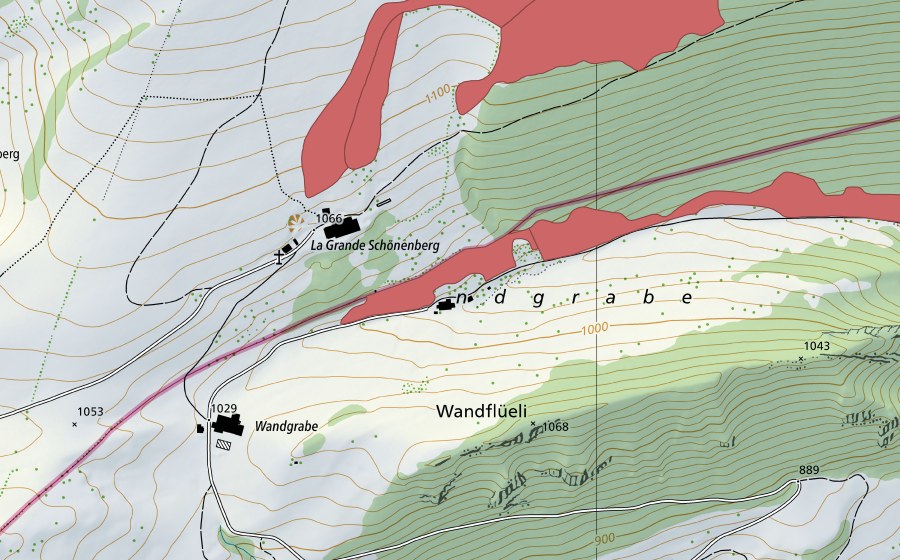 swisstopo national map showing the protected perimeter of Wandgrabe (Dry meadow)