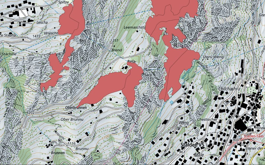 Carte nationale swisstopo avec le périmètre protégé de Wäng (Prairie sèche)