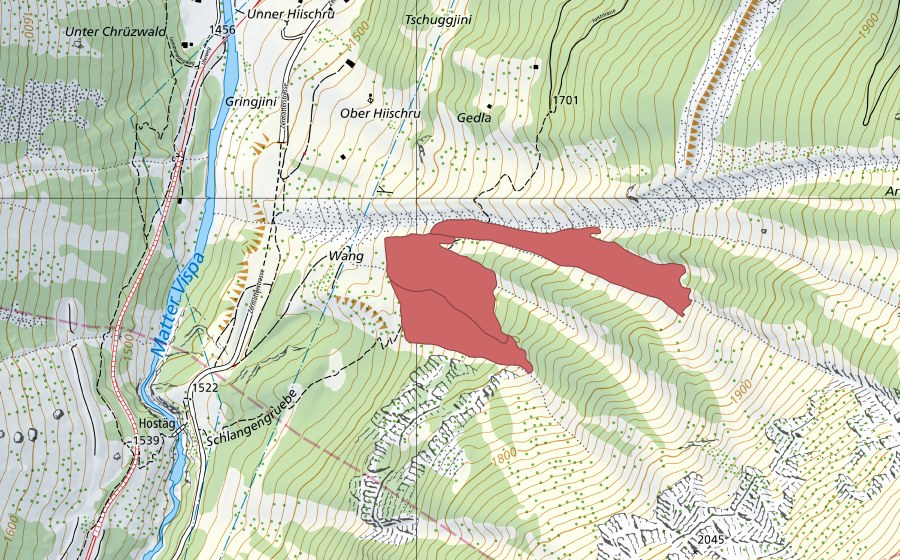 swisstopo national map showing the protected perimeter of Wang (Dry meadow)