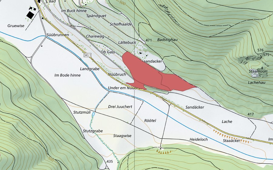 swisstopo national map showing the protected perimeter of Wangental (Dry meadow)