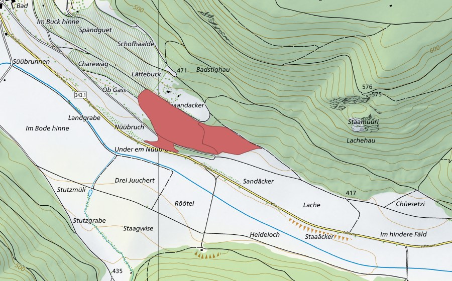 Landeskarte swisstopo mit dem Schutzperimeter von Wangental (Trockenwiese)