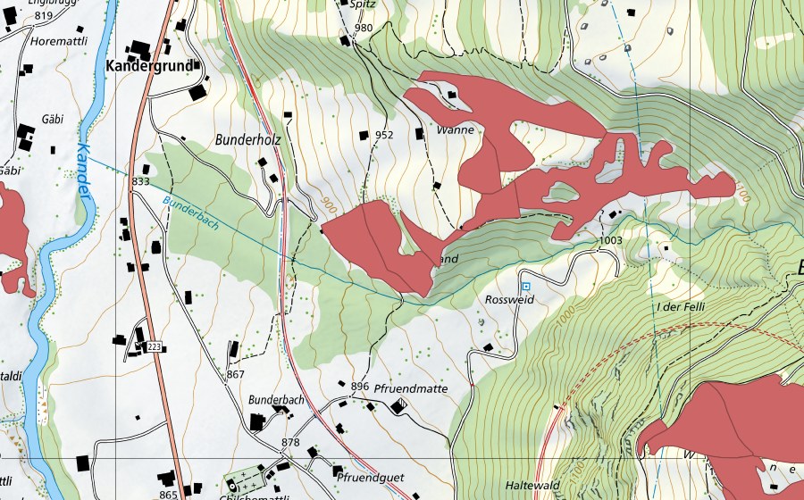 Carte nationale swisstopo avec le périmètre protégé de Wanne (Prairie sèche)