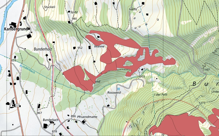 Landeskarte swisstopo mit dem Schutzperimeter von Wanne (Trockenwiese)