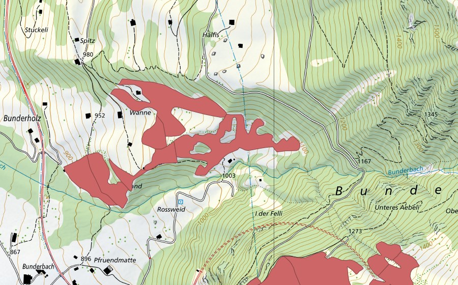 Carte nationale swisstopo avec le périmètre protégé de Wanne (Prairie sèche)
