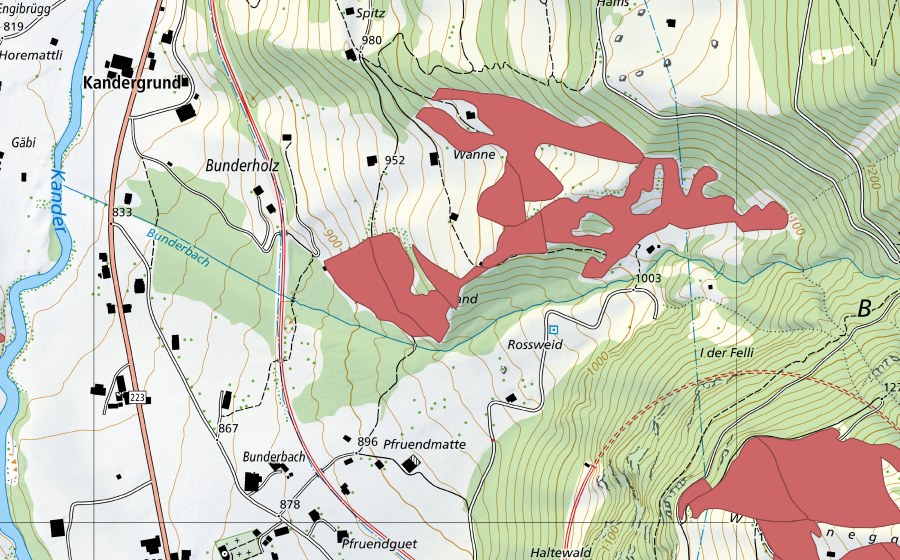 Carte nationale swisstopo avec le périmètre protégé de Wanne (Prairie sèche)