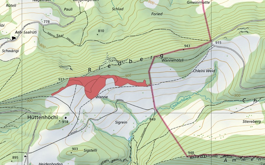 Carte nationale swisstopo avec le périmètre protégé de Wanne (Prairie sèche)