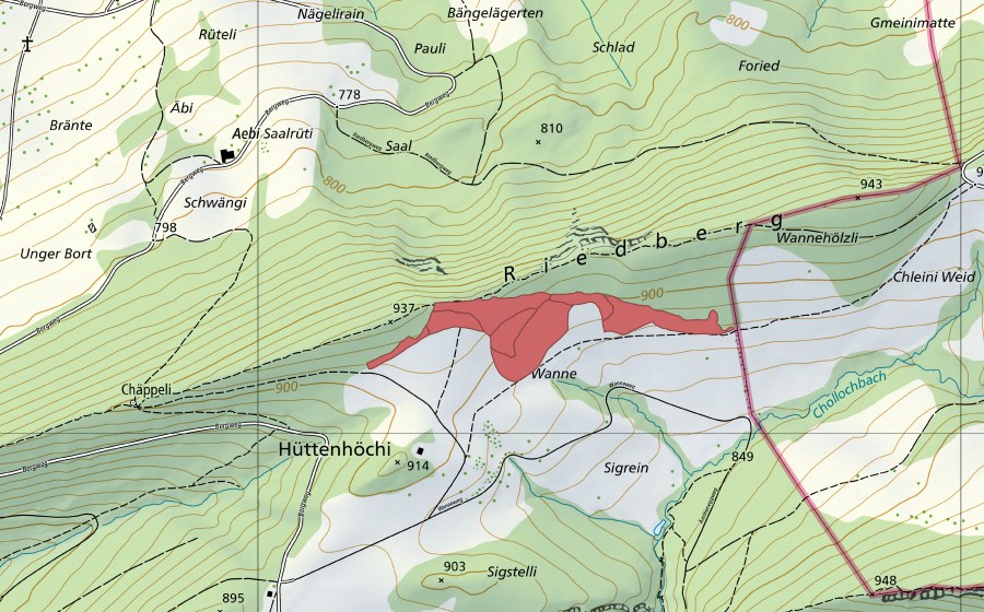 Landeskarte swisstopo mit dem Schutzperimeter von Wanne (Trockenwiese)