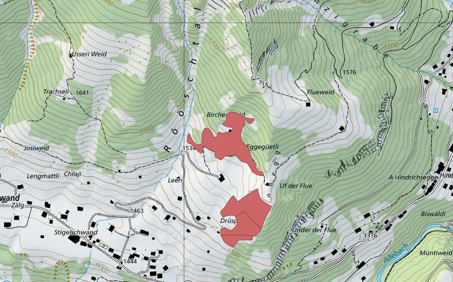 swisstopo national map showing the protected perimeter of Wannegg (Dry meadow)