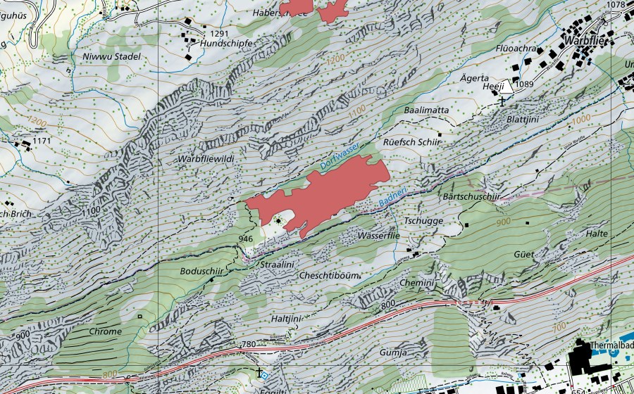 Carte nationale swisstopo avec le périmètre protégé de Warbfliewildi (Prairie sèche)