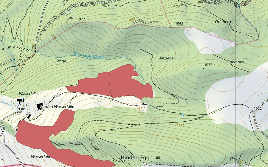 swisstopo national map showing the protected perimeter of Wasserfallen (Dry meadow)