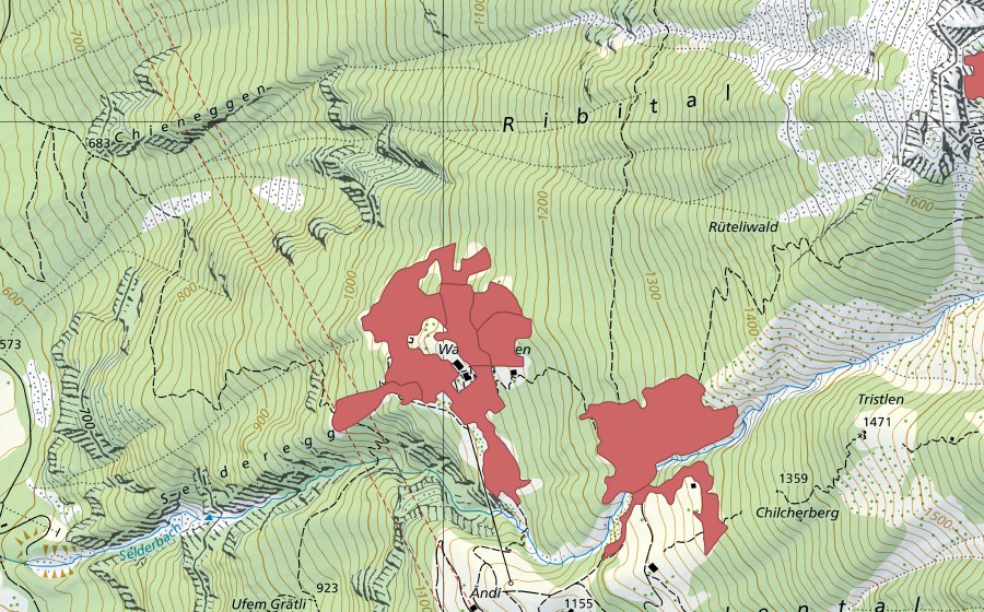 swisstopo national map showing the protected perimeter of Wasserplatten (Dry meadow)