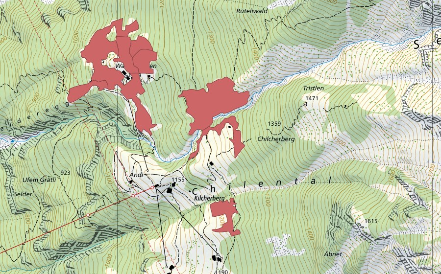 swisstopo national map showing the protected perimeter of Wasserplatten (Dry meadow)