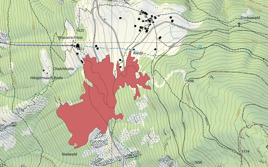 swisstopo national map showing the protected perimeter of Wasserschloss (Dry meadow)