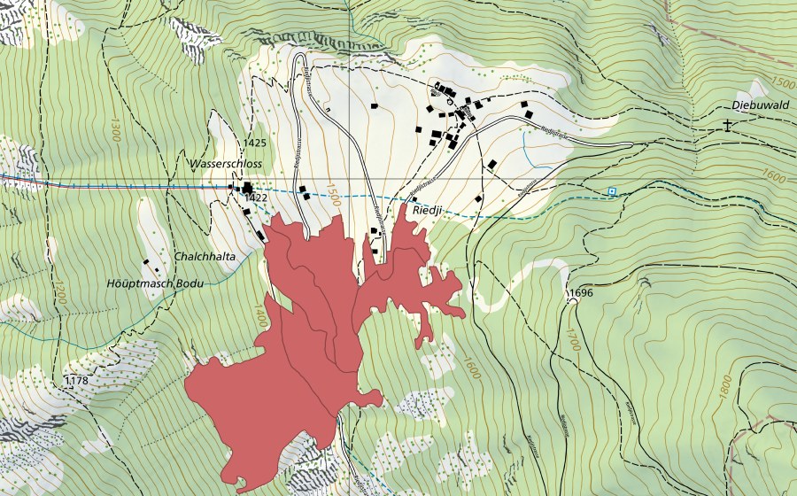 Landeskarte swisstopo mit dem Schutzperimeter von Wasserschloss (Trockenwiese)