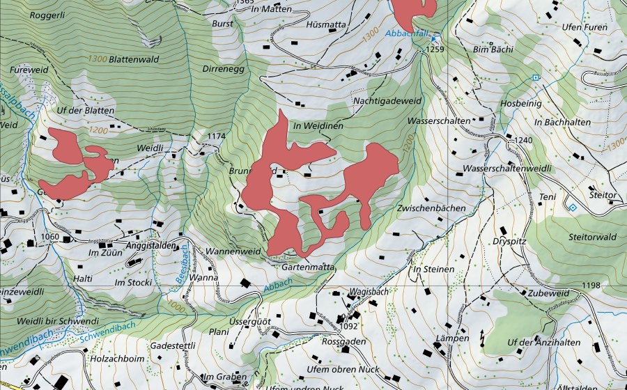 Landeskarte swisstopo mit dem Schutzperimeter von Weid (Trockenwiese)