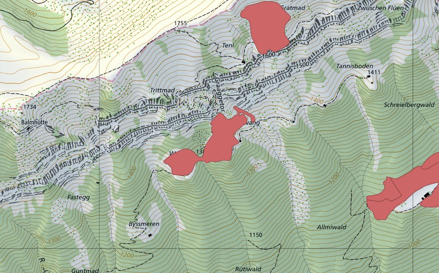 Landeskarte swisstopo mit dem Schutzperimeter von Weidli (Trockenwiese)