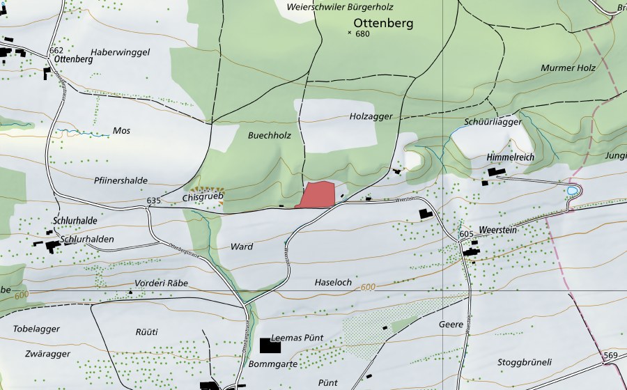 Carte nationale swisstopo avec le périmètre protégé de Weierste (Prairie sèche)