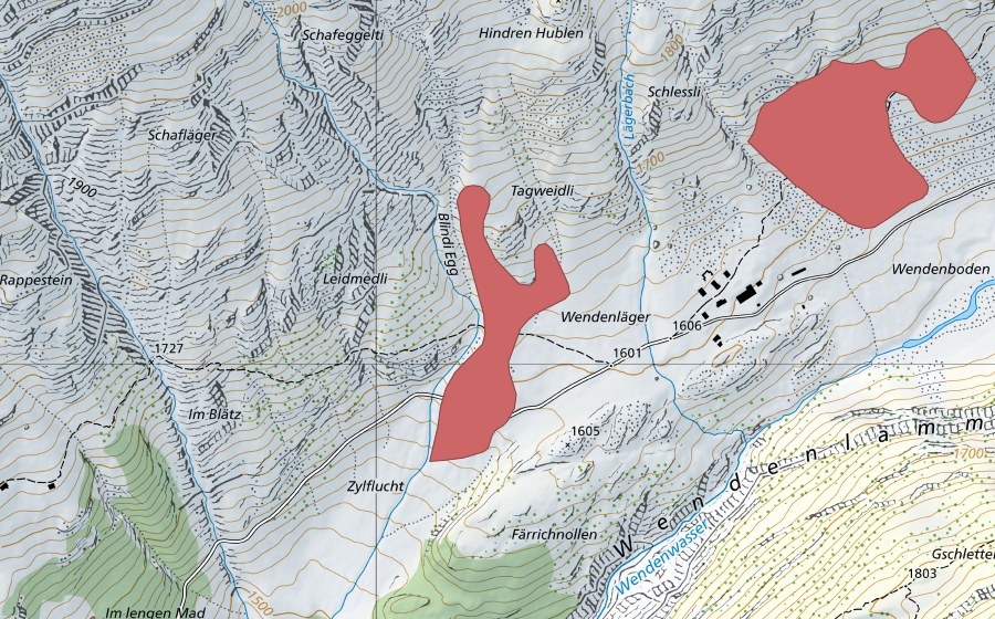 Carte nationale swisstopo avec le périmètre protégé de Wenden (Prairie sèche)