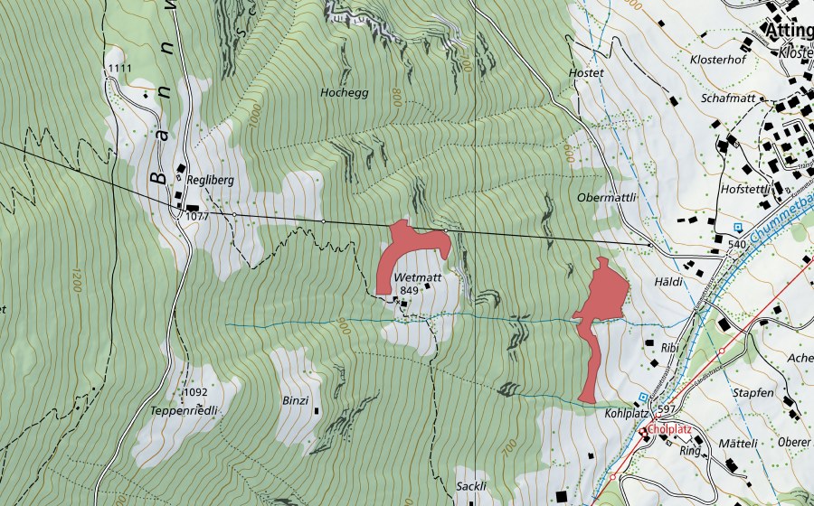 Carte nationale swisstopo avec le périmètre protégé de Wettmatt (Prairie sèche)