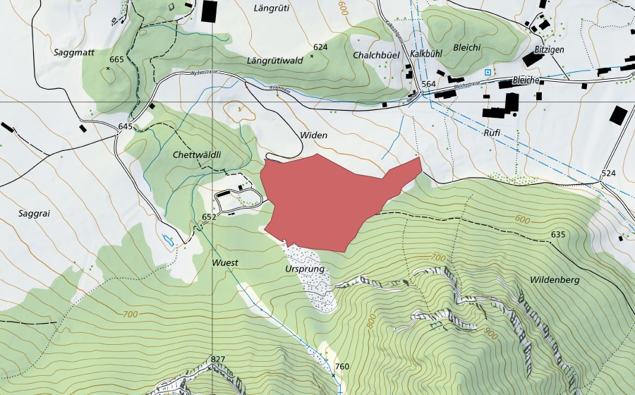 Carte nationale swisstopo avec le périmètre protégé de Widen (Prairie sèche)
