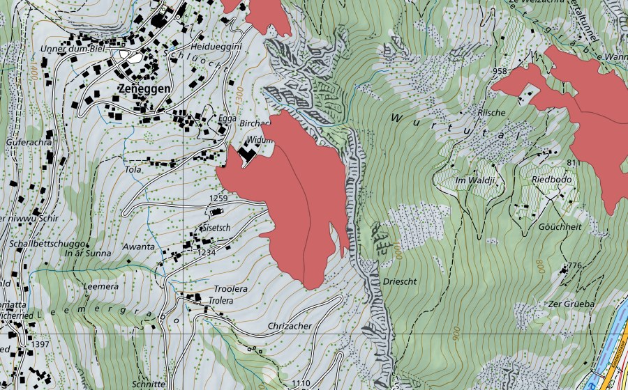 Carte nationale swisstopo avec le périmètre protégé de Widum (Prairie sèche)