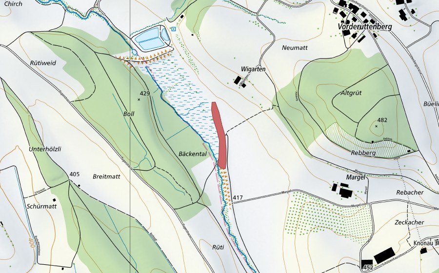 Carte nationale swisstopo avec le périmètre protégé de Wigarten (Prairie sèche)