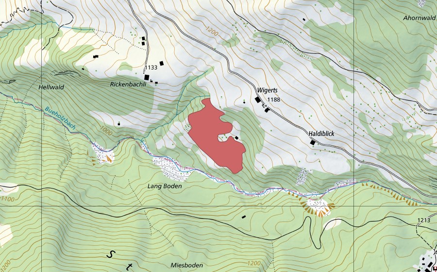 Carte nationale swisstopo avec le périmètre protégé de Wigerts (Prairie sèche)