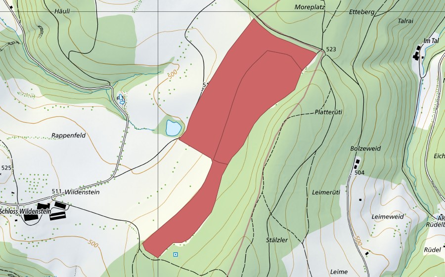 Carte nationale swisstopo avec le périmètre protégé de Wildenstein (Prairie sèche)