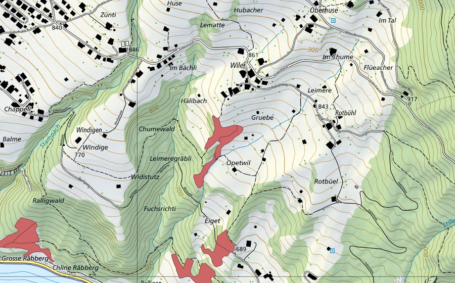 swisstopo national map showing the protected perimeter of Wiler (Dry meadow)