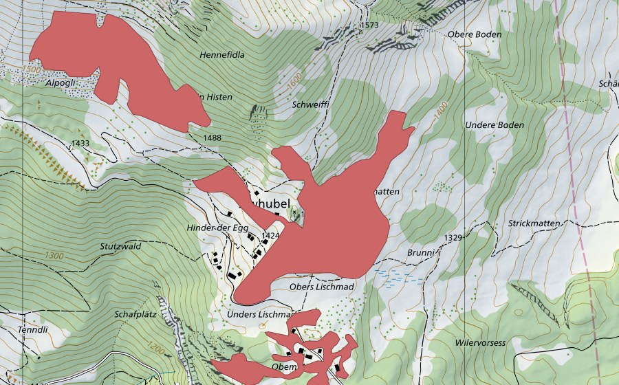 Carte nationale swisstopo avec le périmètre protégé de Wilervorsess (Prairie sèche)