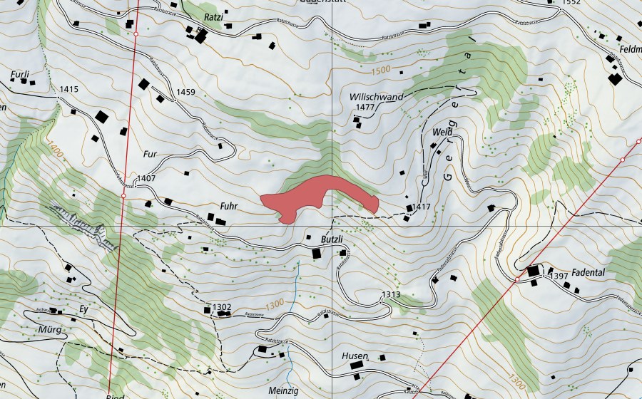 Carte nationale swisstopo avec le périmètre protégé de Wilischwand (Prairie sèche)