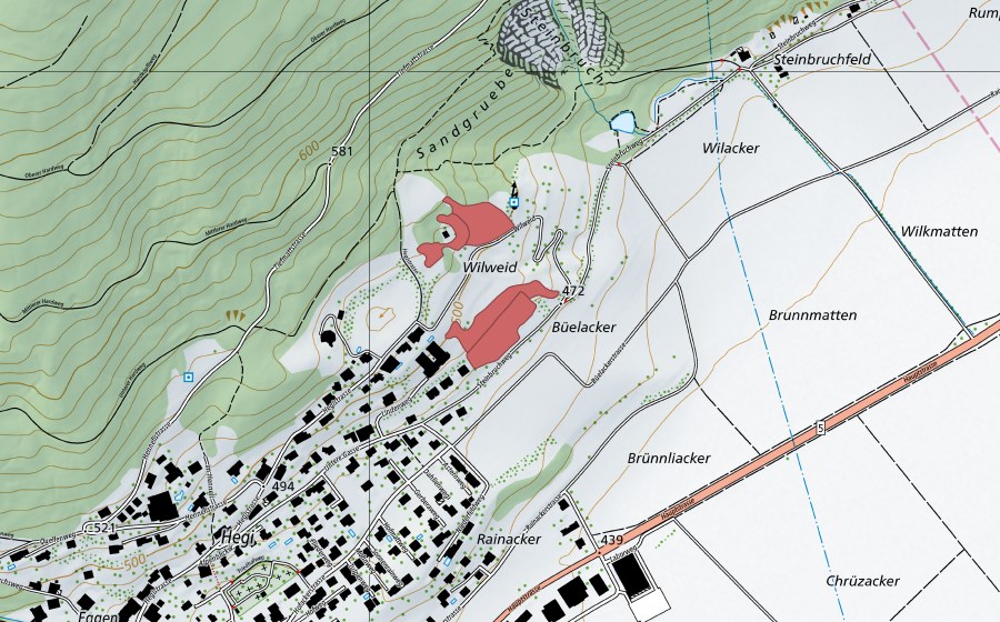 Carte nationale swisstopo avec le périmètre protégé de Wilweid (Prairie sèche)