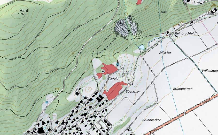 Carte nationale swisstopo avec le périmètre protégé de Wilweid (Prairie sèche)