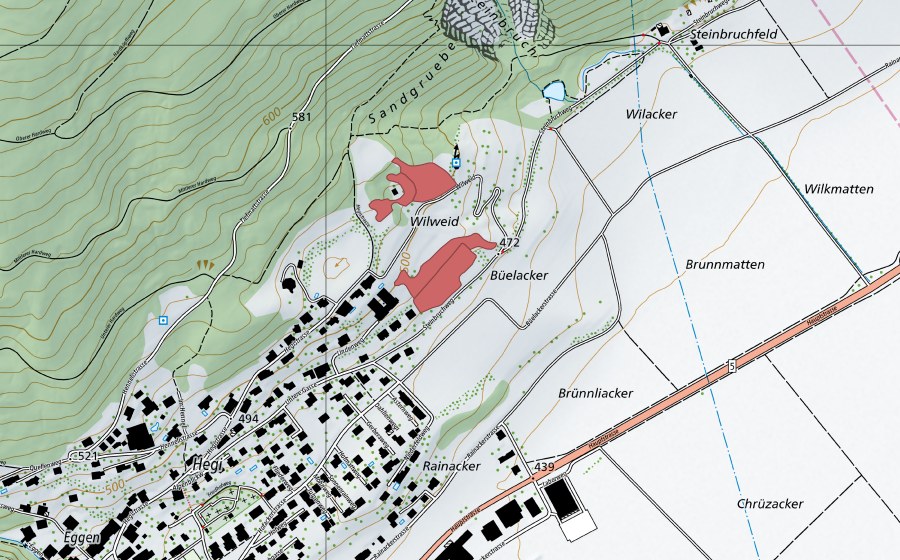 Carte nationale swisstopo avec le périmètre protégé de Wilweid (Prairie sèche)