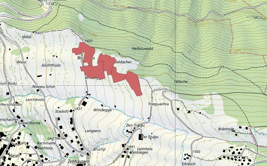 Carte nationale swisstopo avec le périmètre protégé de Windegge (Prairie sèche)