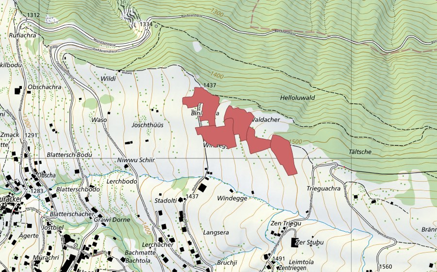 Carte nationale swisstopo avec le périmètre protégé de Windegge (Prairie sèche)