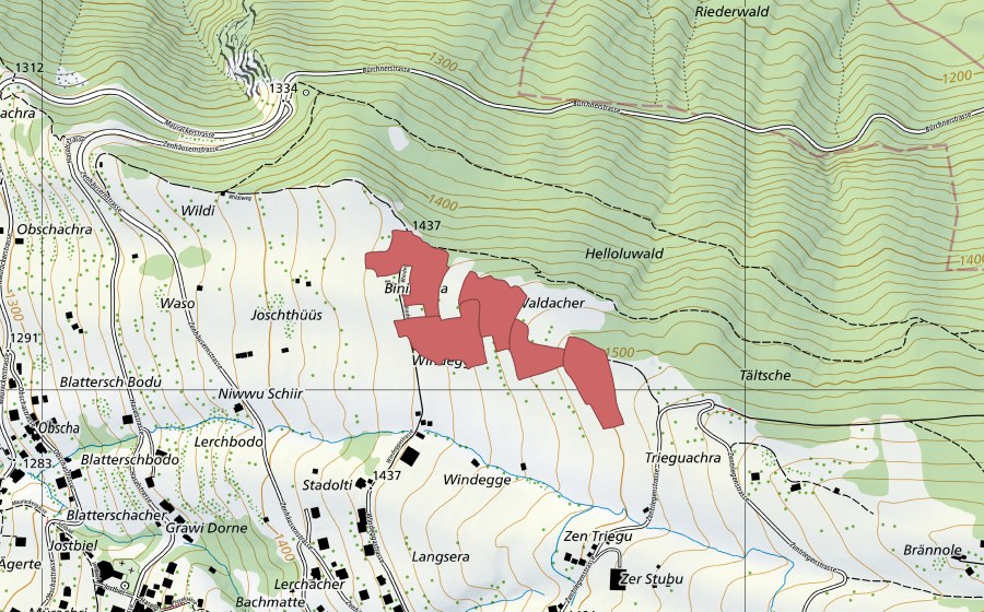 Carte nationale swisstopo avec le périmètre protégé de Windegge (Prairie sèche)